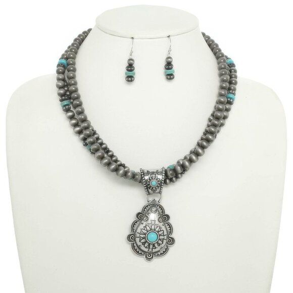 Western Floral Turquoise Pendant Necklace Set - Picture 1 of 2